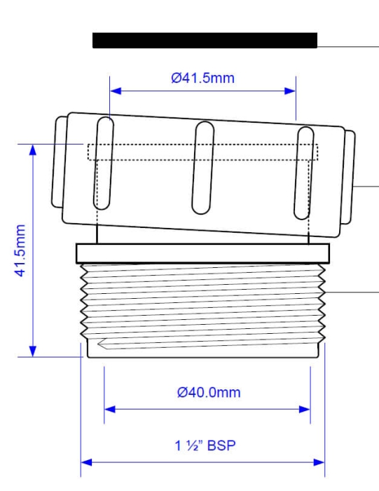 Technische Zeichnung eines Fittings / Kupplungsstücks mit 6/4" (1½ Zoll) Außengewinde